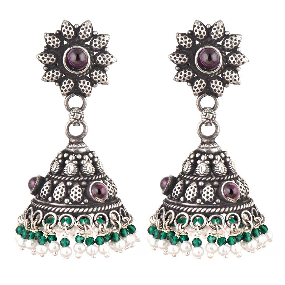 Side profile showing Pearl & Peridot on the jhumki earrings