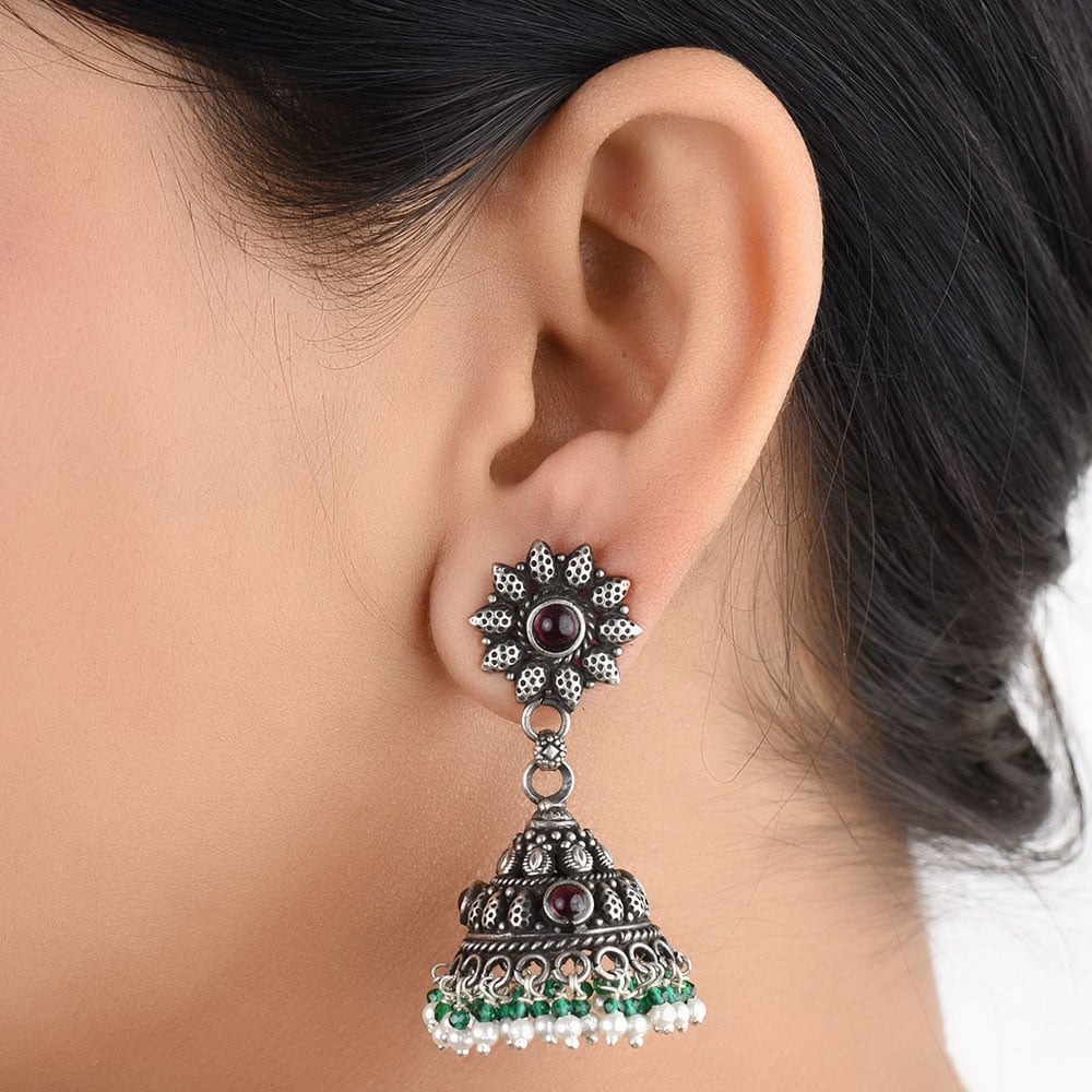 Front view of floral jhumki earrings in 92.5 Sterling Silver