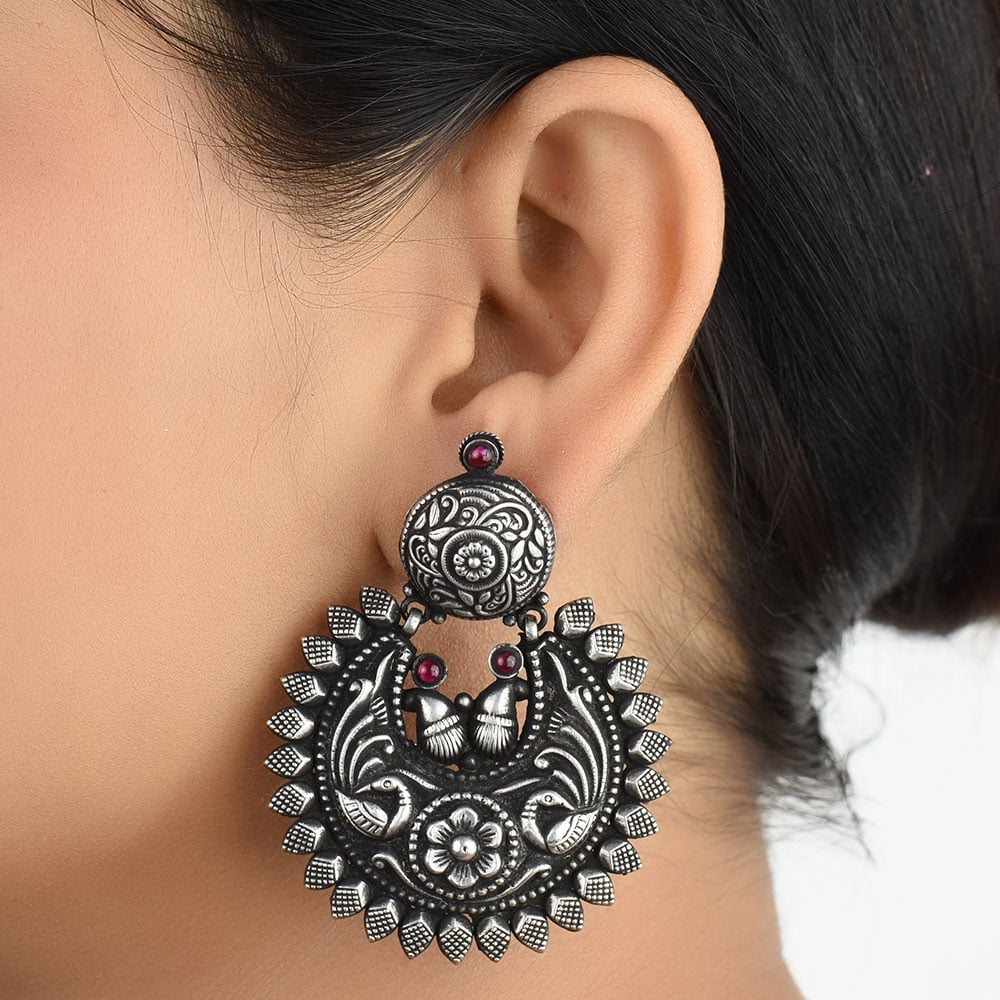 Front view of peacock chandbali earrings in 92.5 Sterling Silver