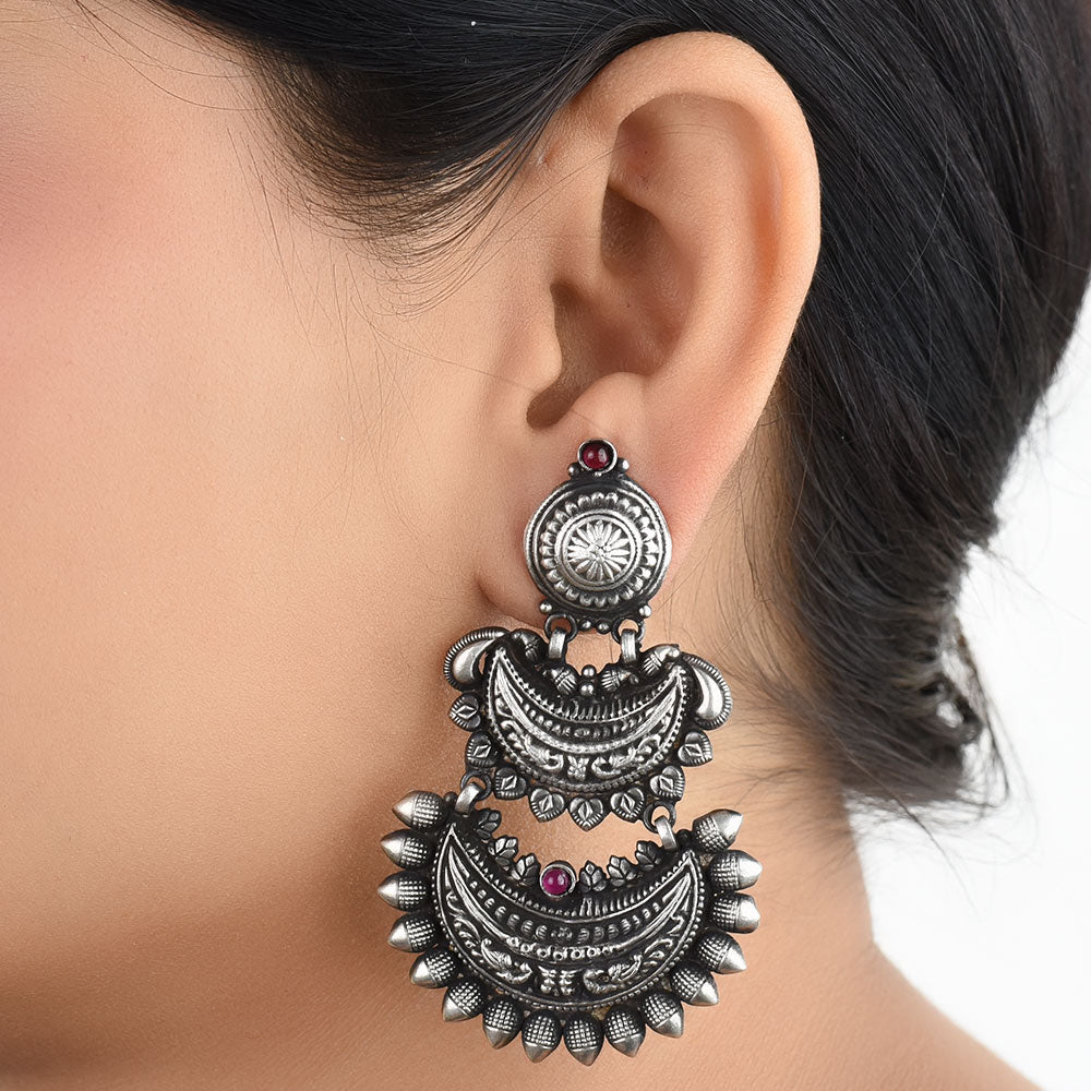 Front view of crescent chandbali earrings in 92.5 Sterling Silver