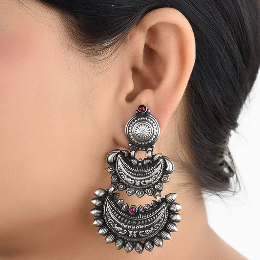 Front view of crescent chandbali earrings in 92.5 Sterling Silver
