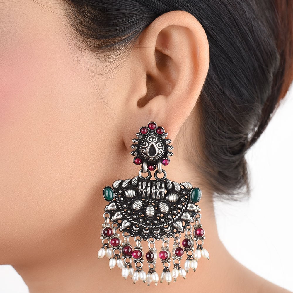 Front view of crescent chandbali earrings in 92.5 Sterling Silver