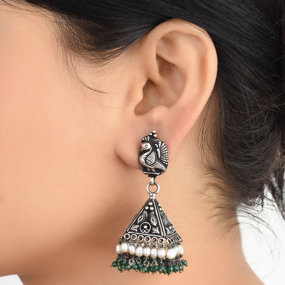 Front view of peacock jhumki earrings in 92.5 Sterling Silver