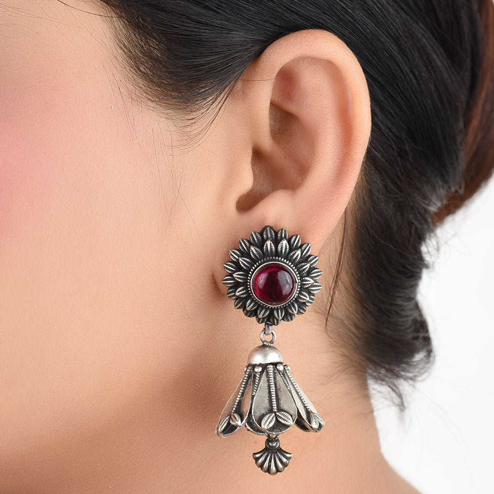 Front view of floral jhumki earrings in 92.5 Sterling Silver