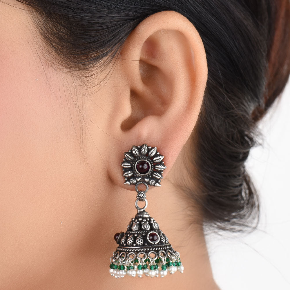 Front view of floral jhumki earrings in 92.5 Sterling Silver