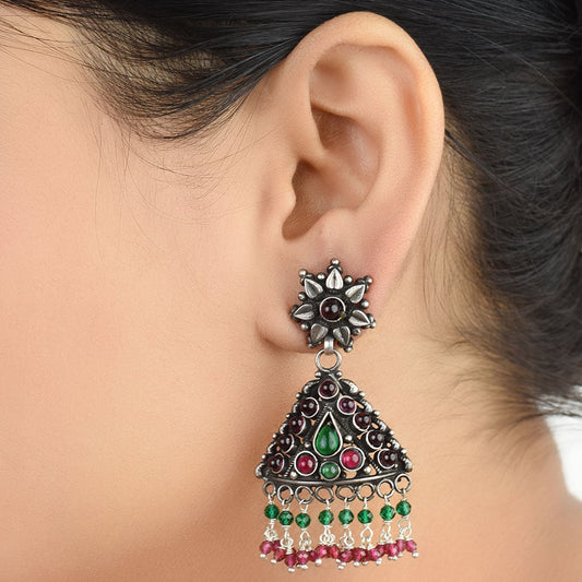 Front view of triangular jhumki earrings in 92.5 Sterling Silver