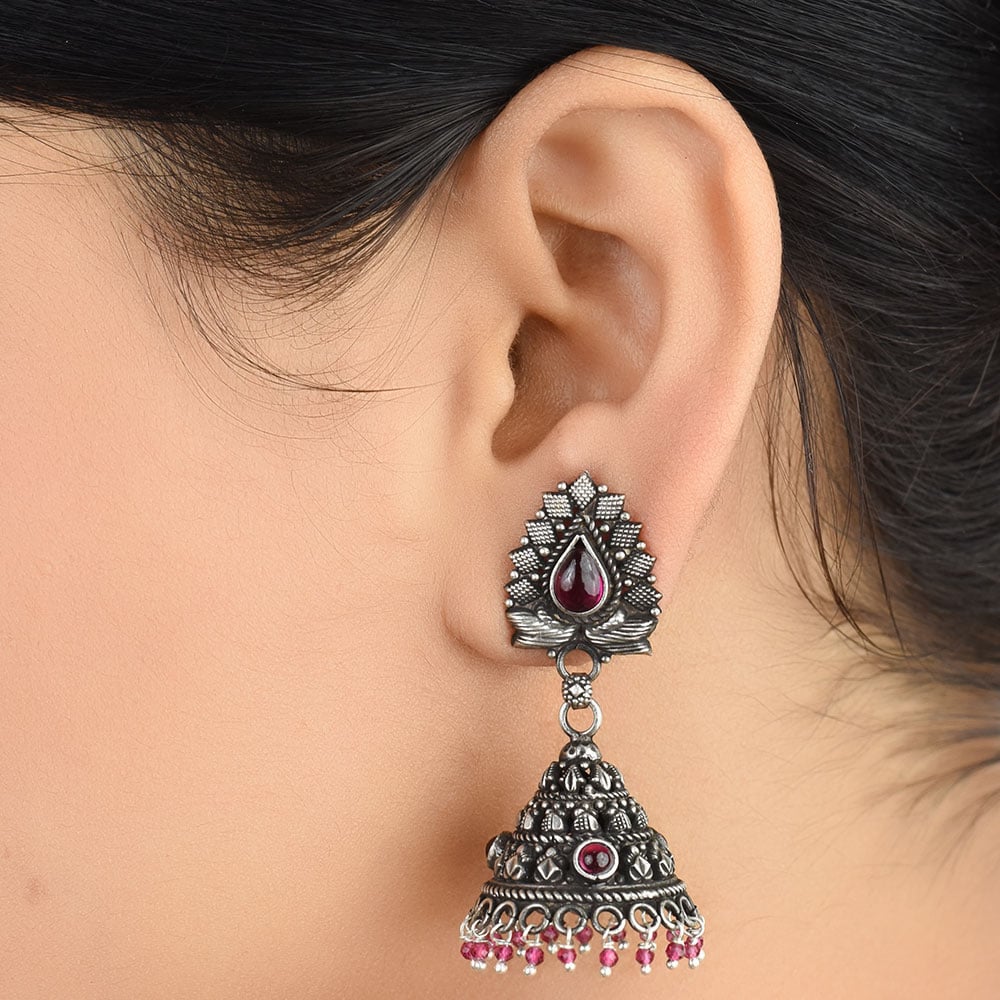 Front view of floral jhumki earrings in 92.5 Sterling Silver