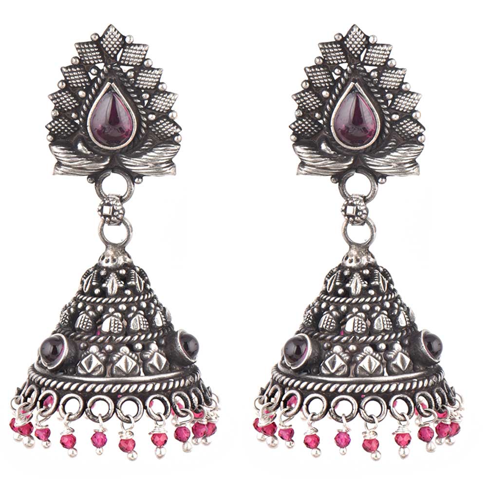 Side profile showing Amethyst & Tourmaline & Pink Tourmaline on the jhumki earrings