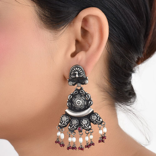 Front view of peacock stud earrings in 92.5 Sterling Silver