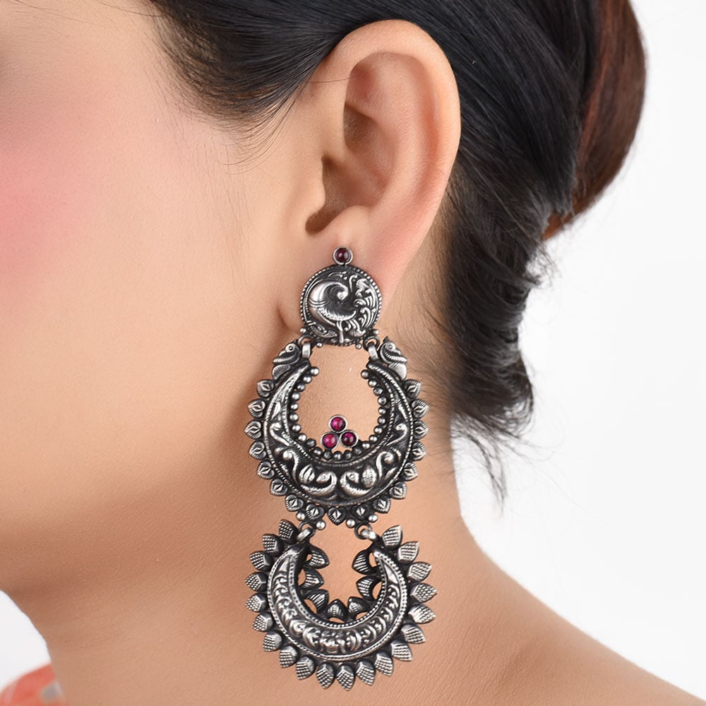 Front view of peacock dangle earrings in 92.5 Sterling Silver