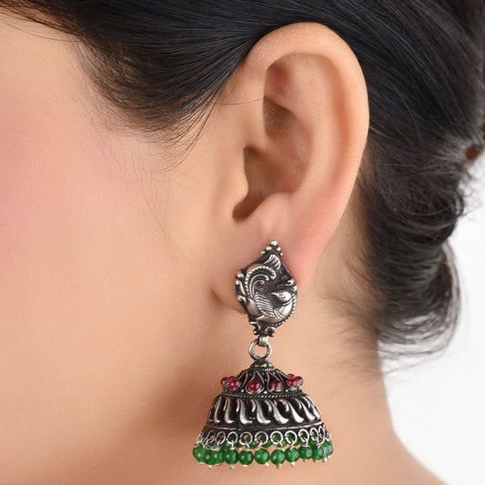 Front view of tribal jhumki earrings in 92.5 Sterling Silver