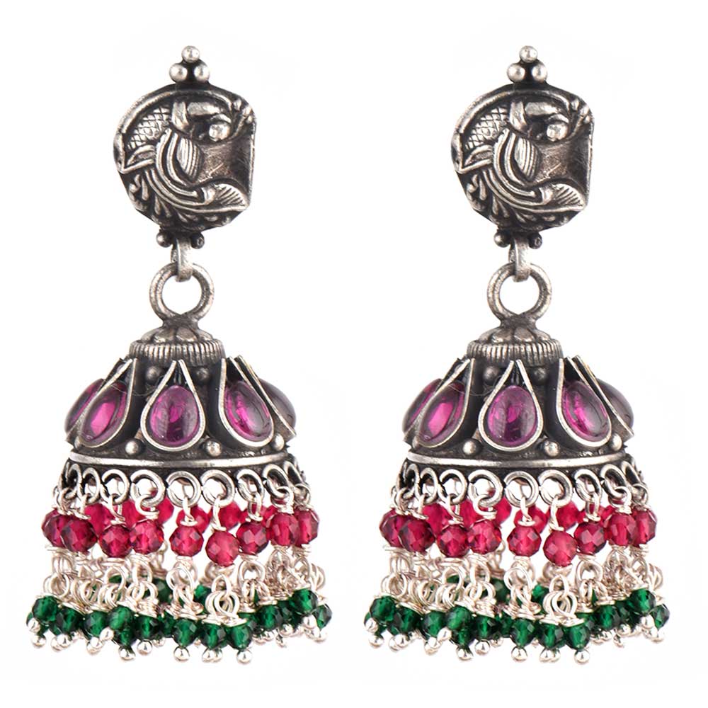 Side profile showing Onyx & Tourmaline & Pink Tourmaline & Green Onyx on the jhumki earrings