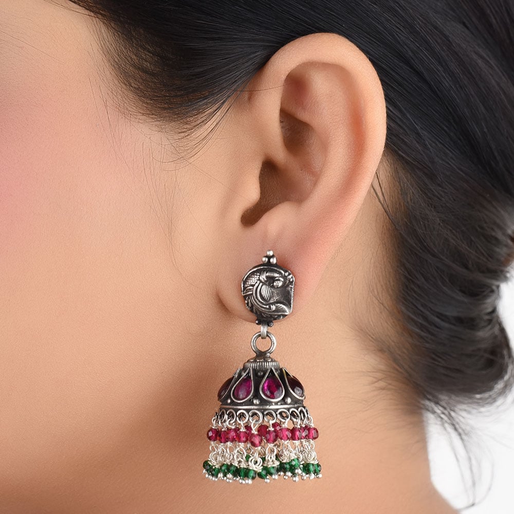 Front view of fish jhumki earrings in 92.5 Sterling Silver