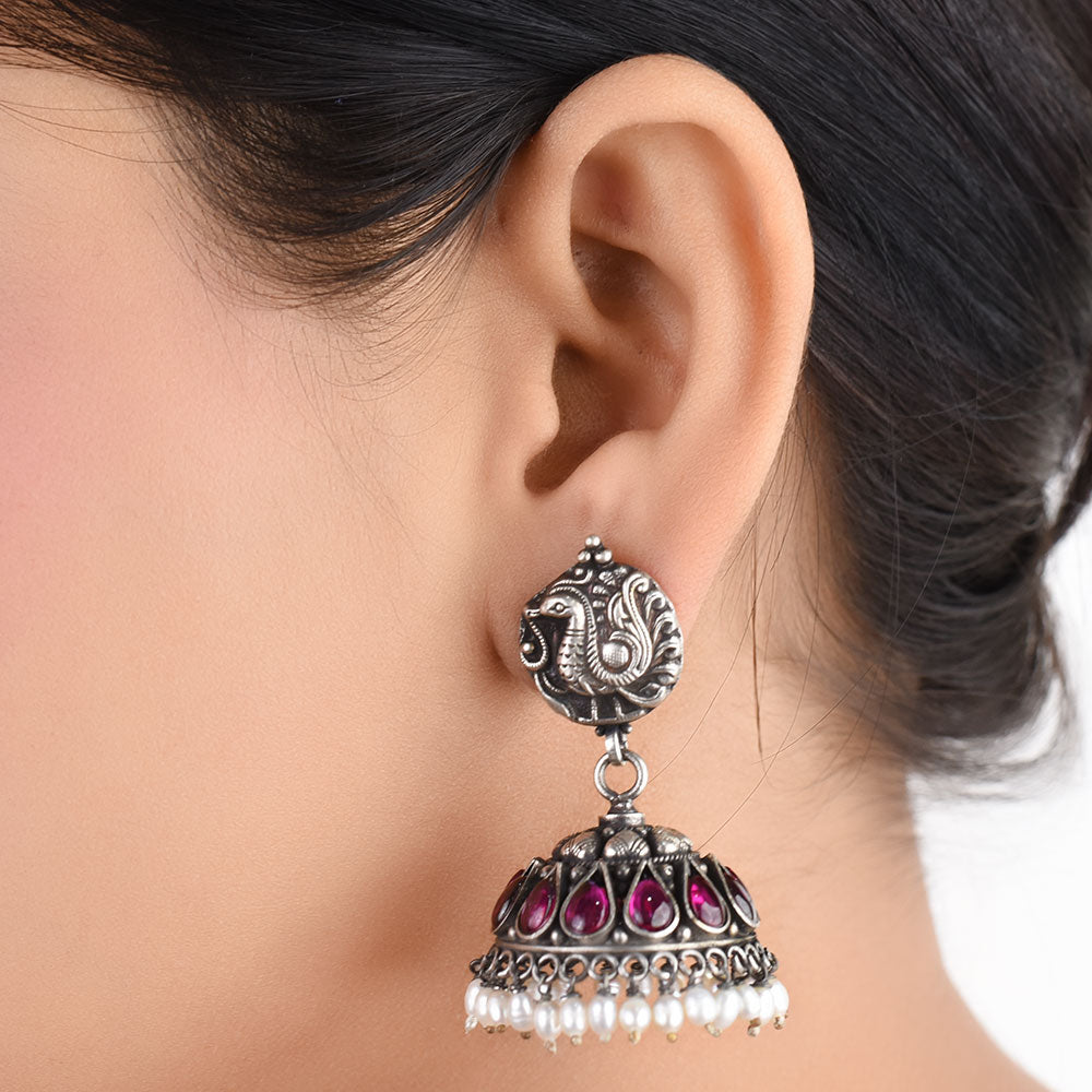 Front view of peacock earrings in 92.5 Sterling Silver