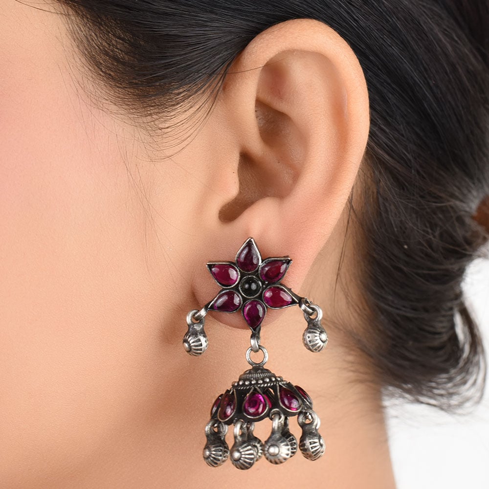 Front view of floral jhumki earrings in 92.5 Sterling Silver