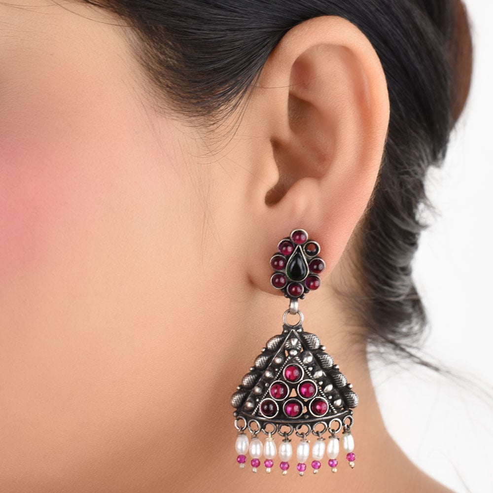 Pink Tourmaline & Pearl triangle earrings in 92.5 Sterling Silver