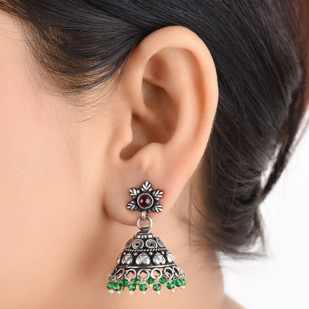 Green Onyx jhumki earrings in 92.5 Sterling Silver