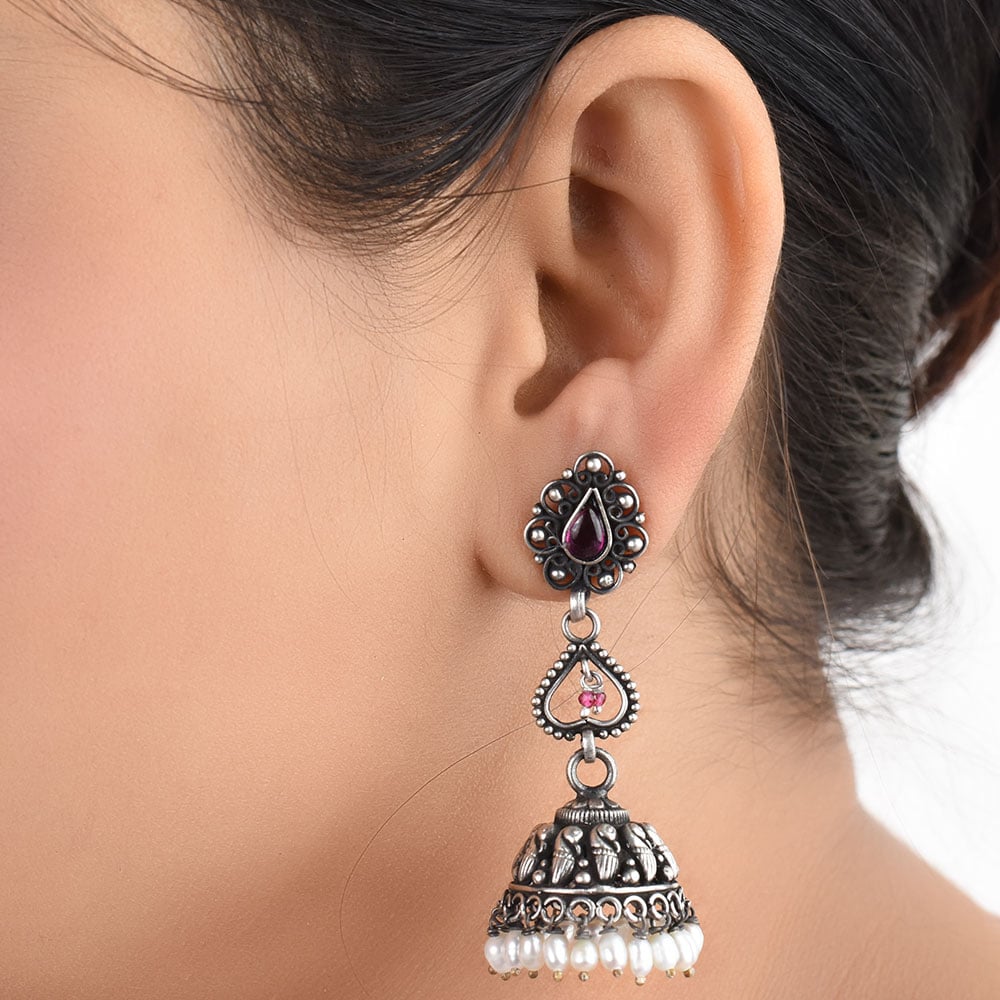 Jade & Pearl jhumki earrings in 92.5 Sterling Silver