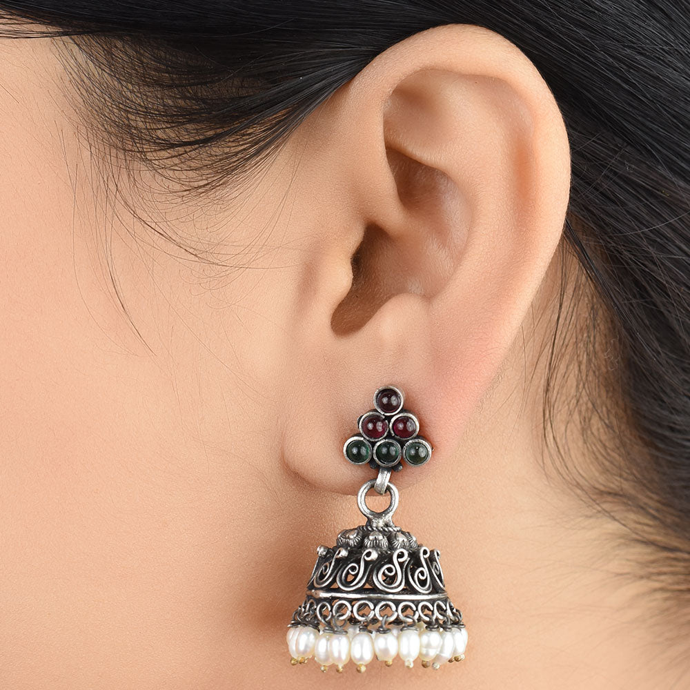 Jade & Green Onyx jhumki earrings in 92.5 Sterling Silver