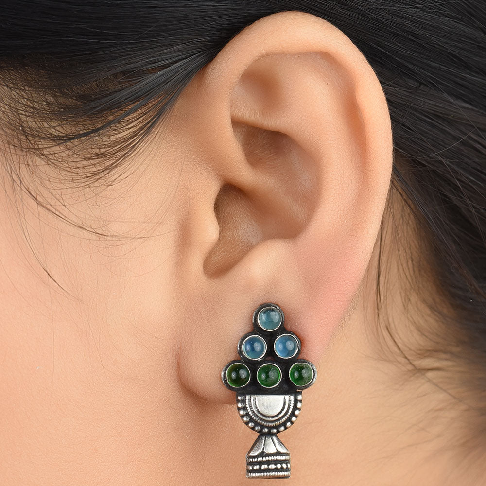 Front view of Neel Topaz topaz, onyx jhumki earrings in 92.5 Sterling Silver