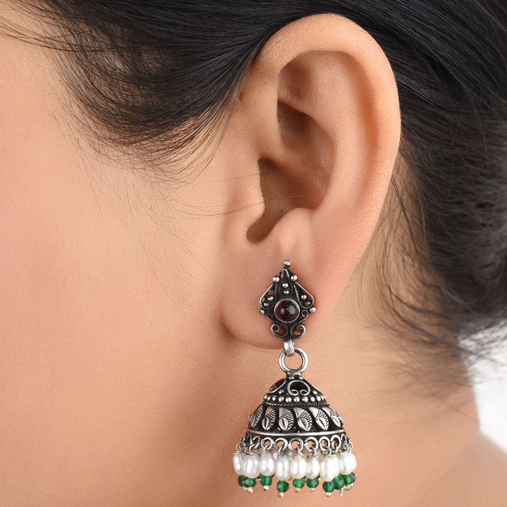 Front view of Banjara Pearl tribal, pearl, onyx earrings in 92.5 Sterling Silver