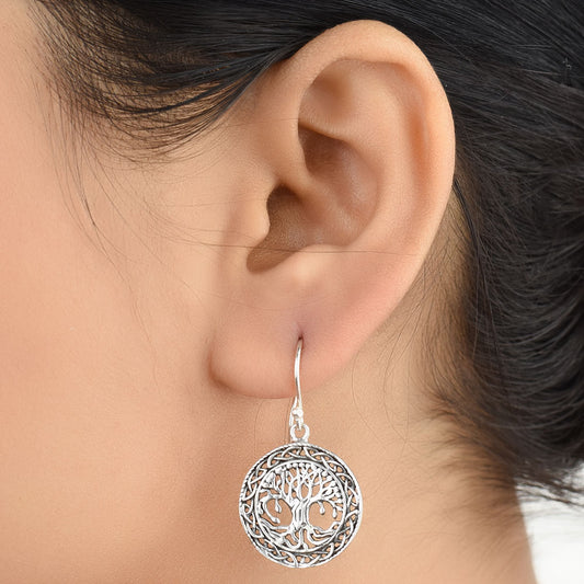 Front view of Reet tree of life earrings in 92.5 Sterling Silver