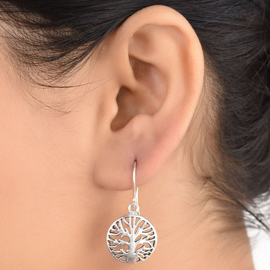Front view of Reet tree of life, drop drop earrings in 92.5 Sterling Silver