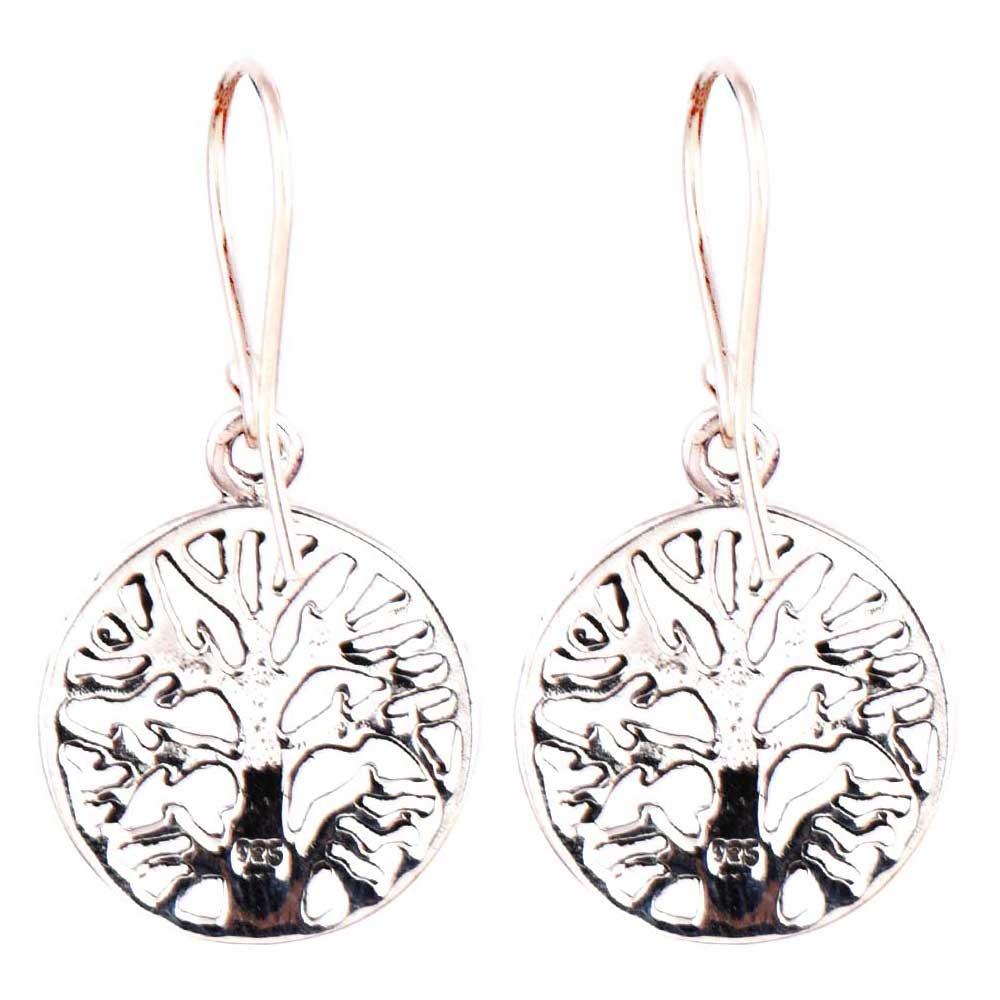 Close up of handcrafted tree of life, drop pattern set in 92.5 Sterling Silver