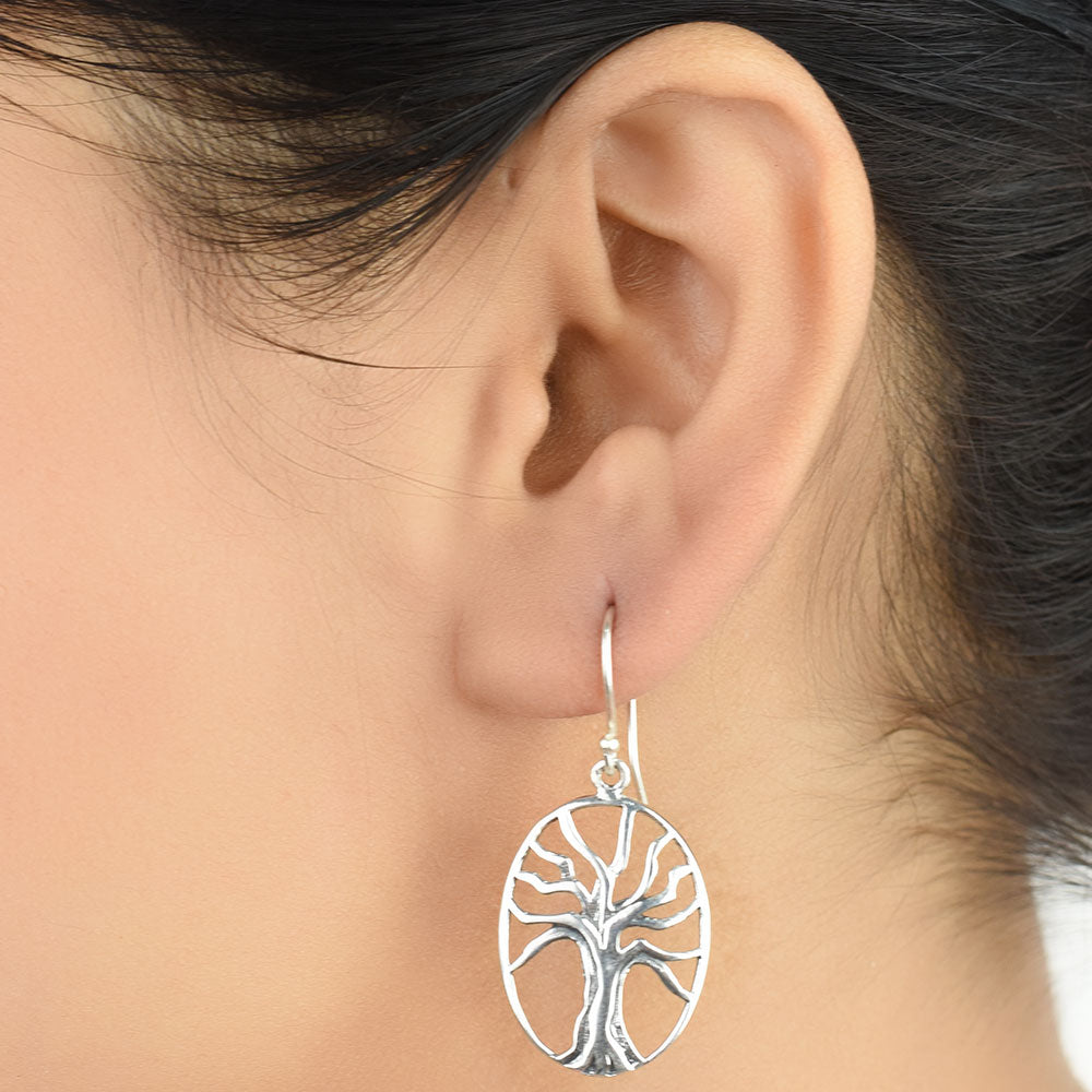Front view of Reet tree of life, round earrings in 92.5 Sterling Silver