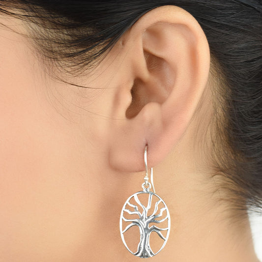 Front view of Reet tree of life, round earrings in 92.5 Sterling Silver