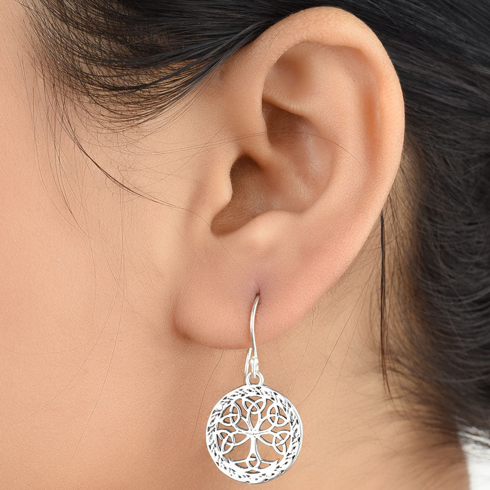Front view of Reet tree of life, round earrings in 92.5 Sterling Silver