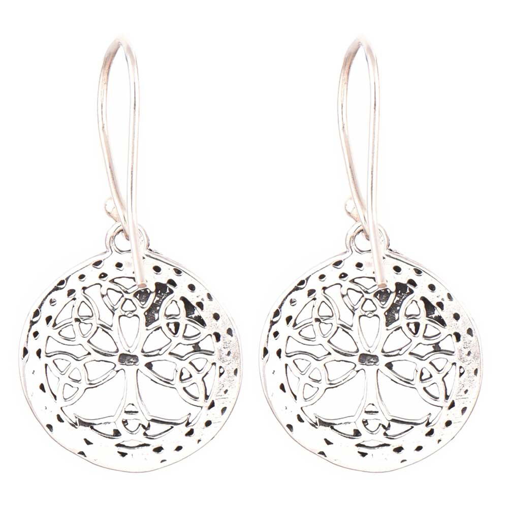 Close up of handcrafted tree of life, round pattern set in 92.5 Sterling Silver