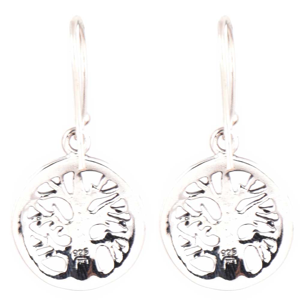 Close up of handcrafted cross stitch, round, tree pattern set in 92.5 Sterling Silver