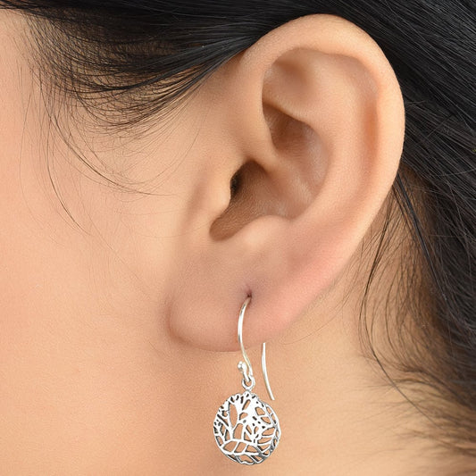 Front view of Reet geometric pattern, round, drop drop earrings in 92.5 Sterling Silver