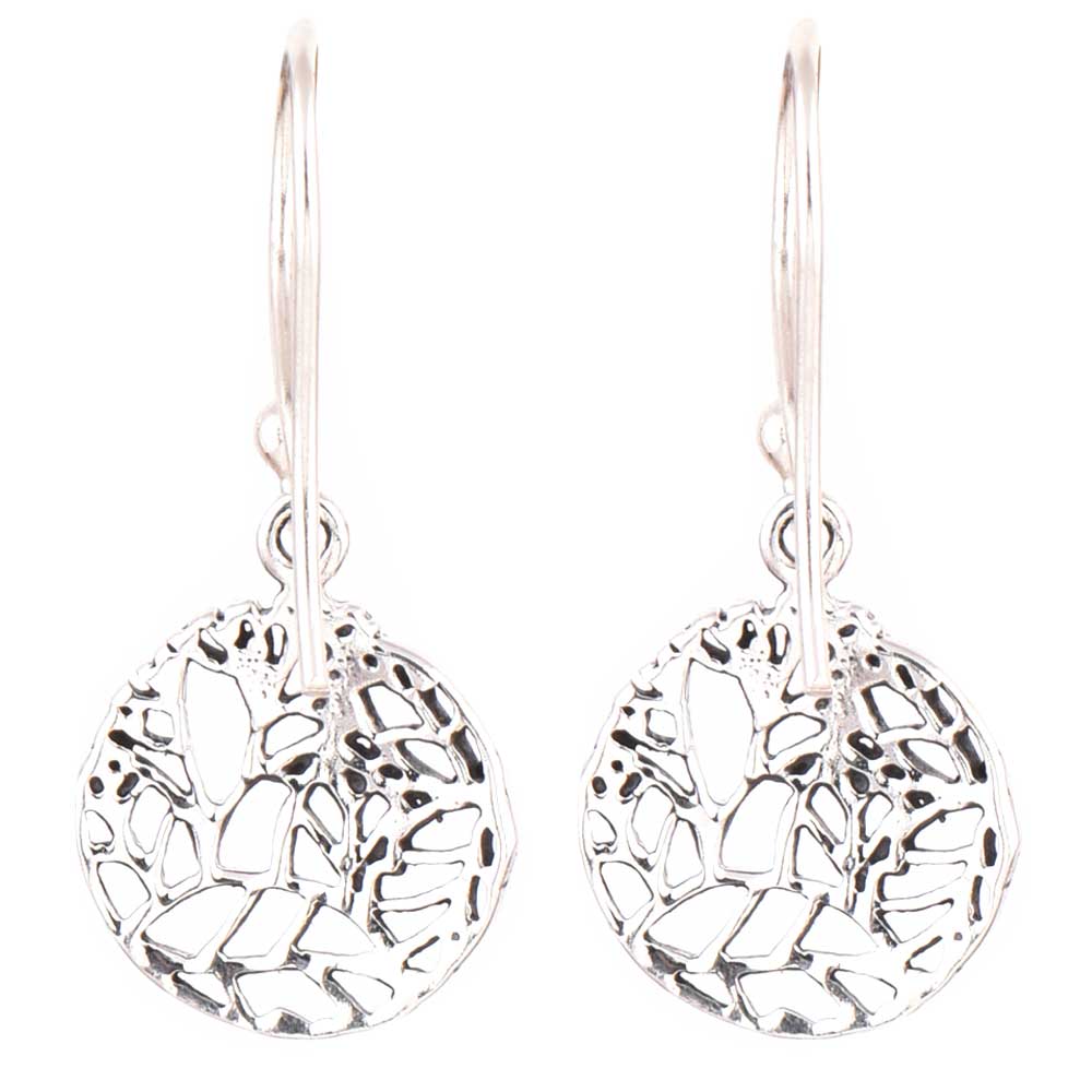 Close up of handcrafted geometric pattern, round, drop pattern set in 92.5 Sterling Silver