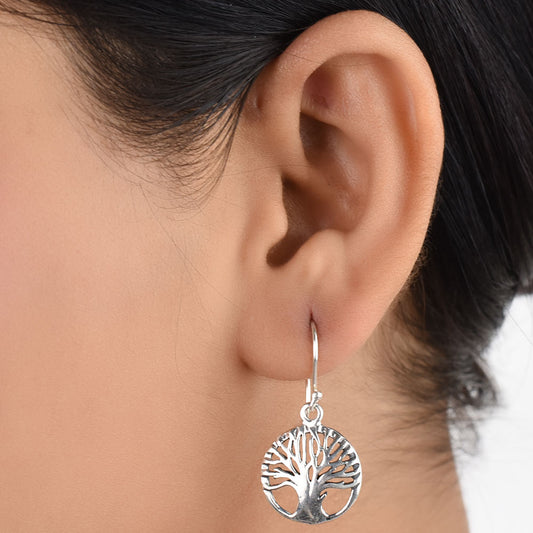 Front view of Reet tree of life, round, drop drop earrings in 92.5 Sterling Silver