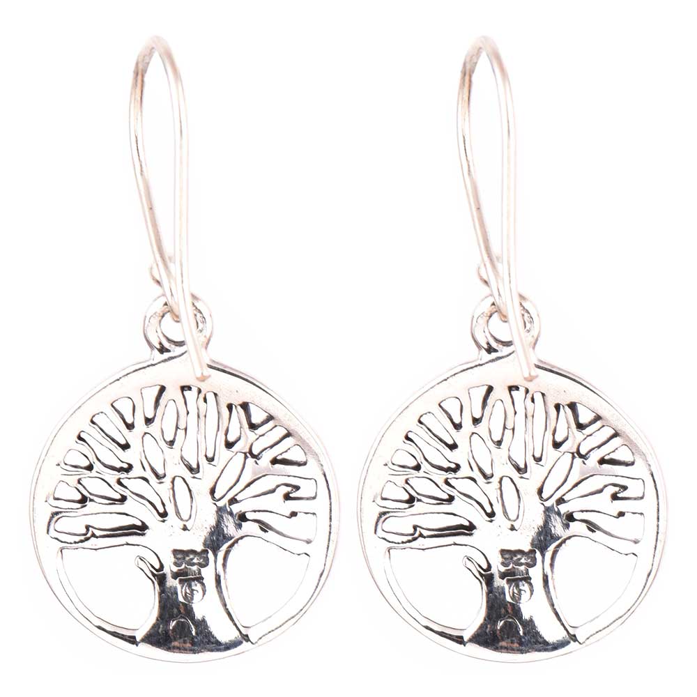 Close up of handcrafted tree of life, round, drop pattern set in 92.5 Sterling Silver