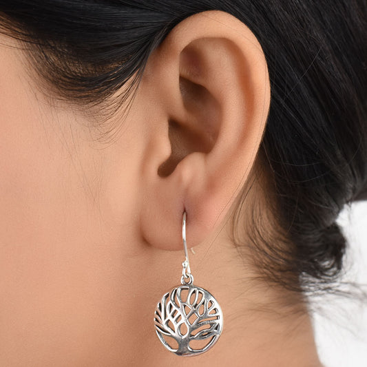 Front view of Reet tree of life, round earrings in 92.5 Sterling Silver