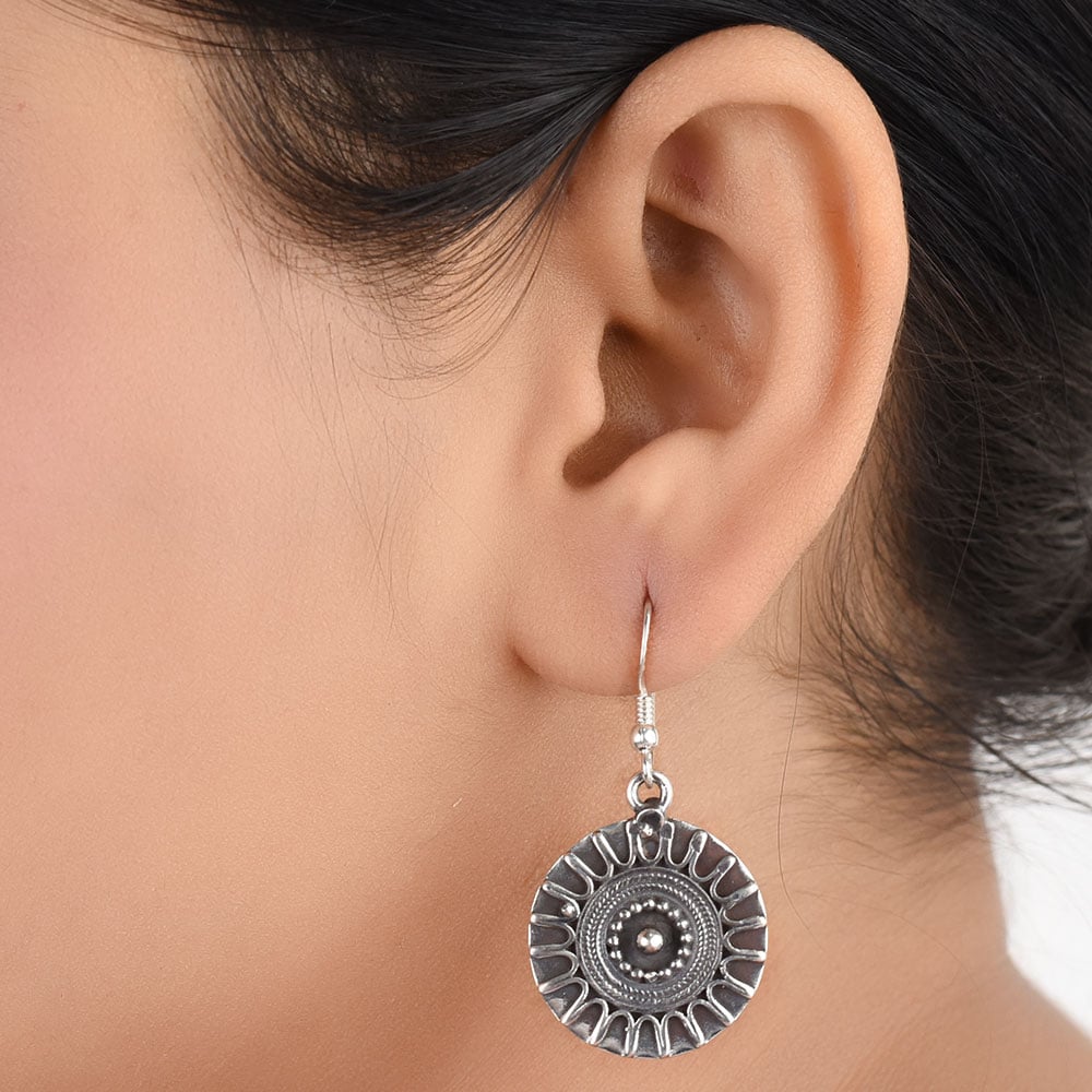 Front view of Reet round, drop drop earrings in 92.5 Sterling Silver