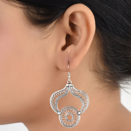 Front view of Reet filigree dangle earrings in 92.5 Sterling Silver