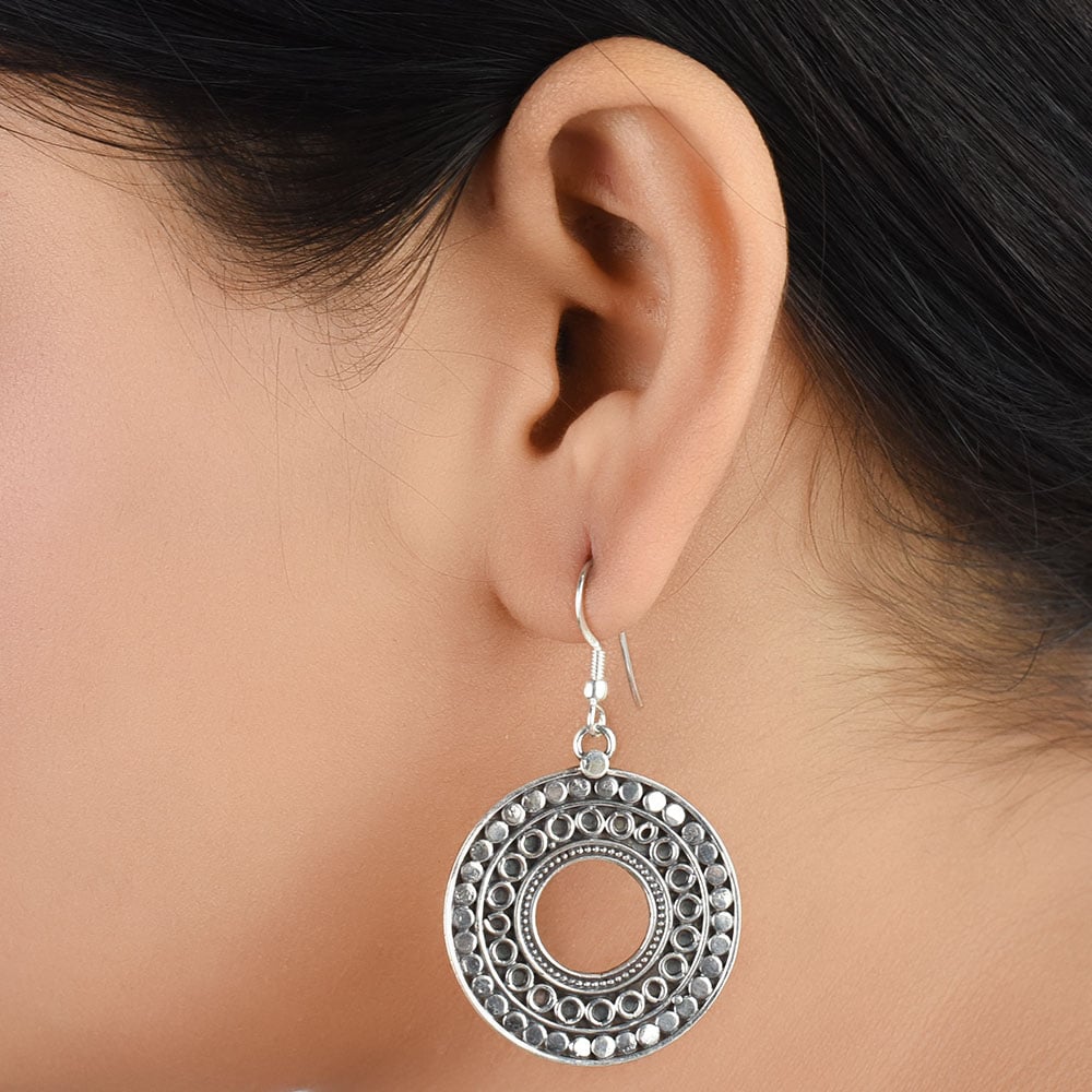 Front view of disc and engraved engraved disc danglers dangle earrings in 92.5 Sterling Silver