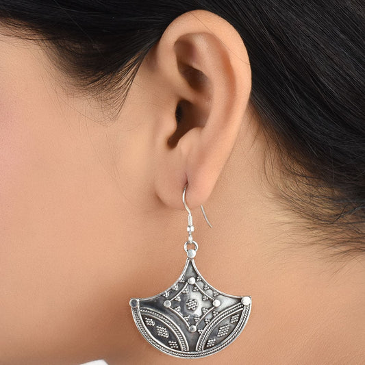 Front view of tribal and diya tribal diya dangler dangle earrings in 92.5 Sterling Silver