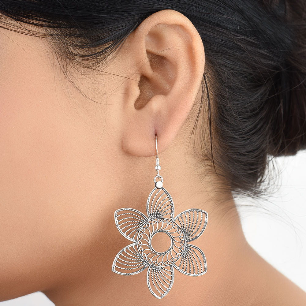 Front view of Gul floral dangle earrings in 92.5 Sterling Silver