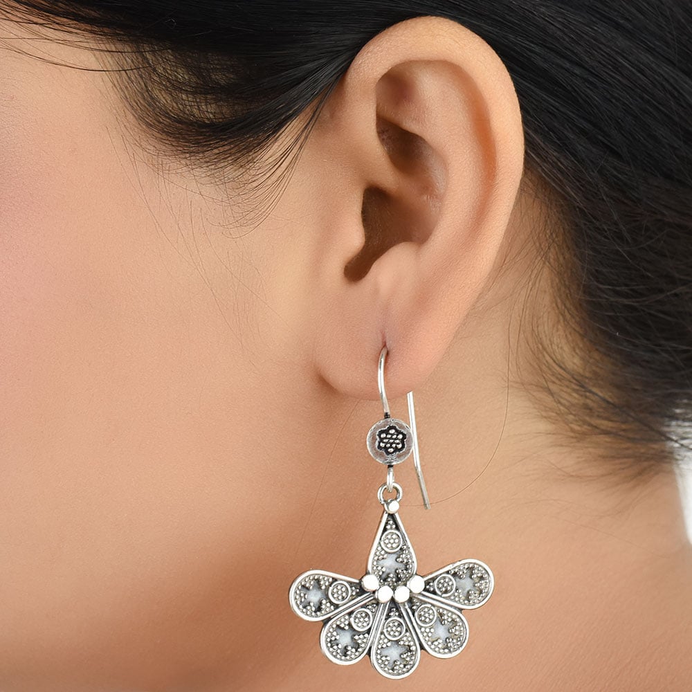 Front view of Gul floral earrings in 92.5 Sterling Silver