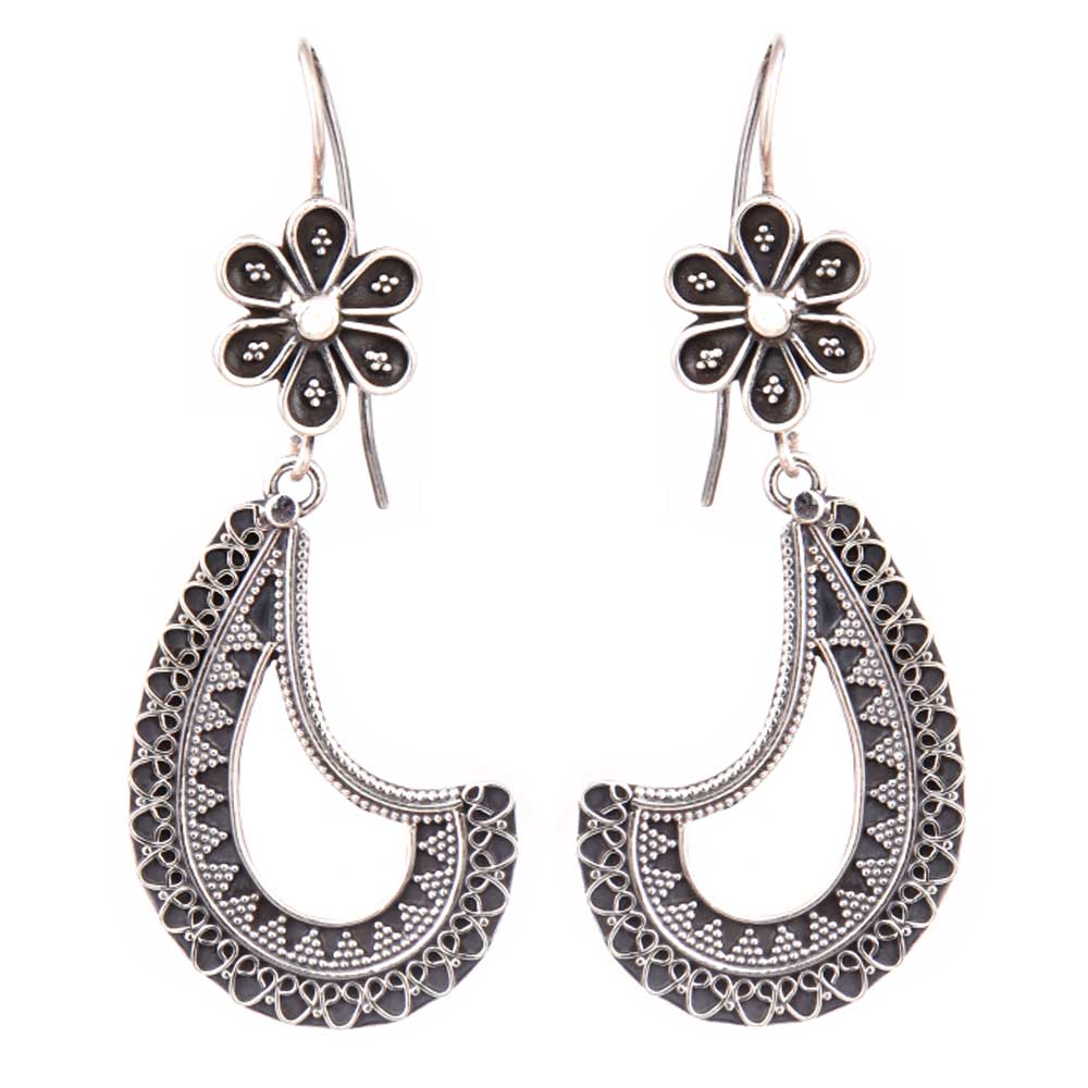 Side view showing tribal design on Banjara dangle earrings