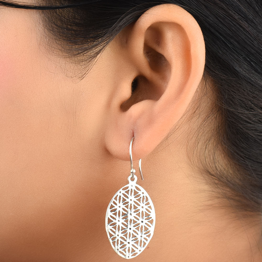 Front view of Gul flower of life, floral, filigree, oval earrings in 92.5 Sterling Silver