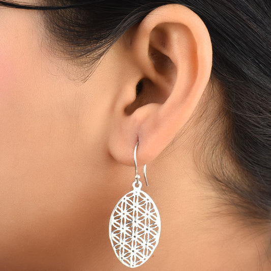 Front view of Gul flower of life, floral, filigree, oval earrings in 92.5 Sterling Silver