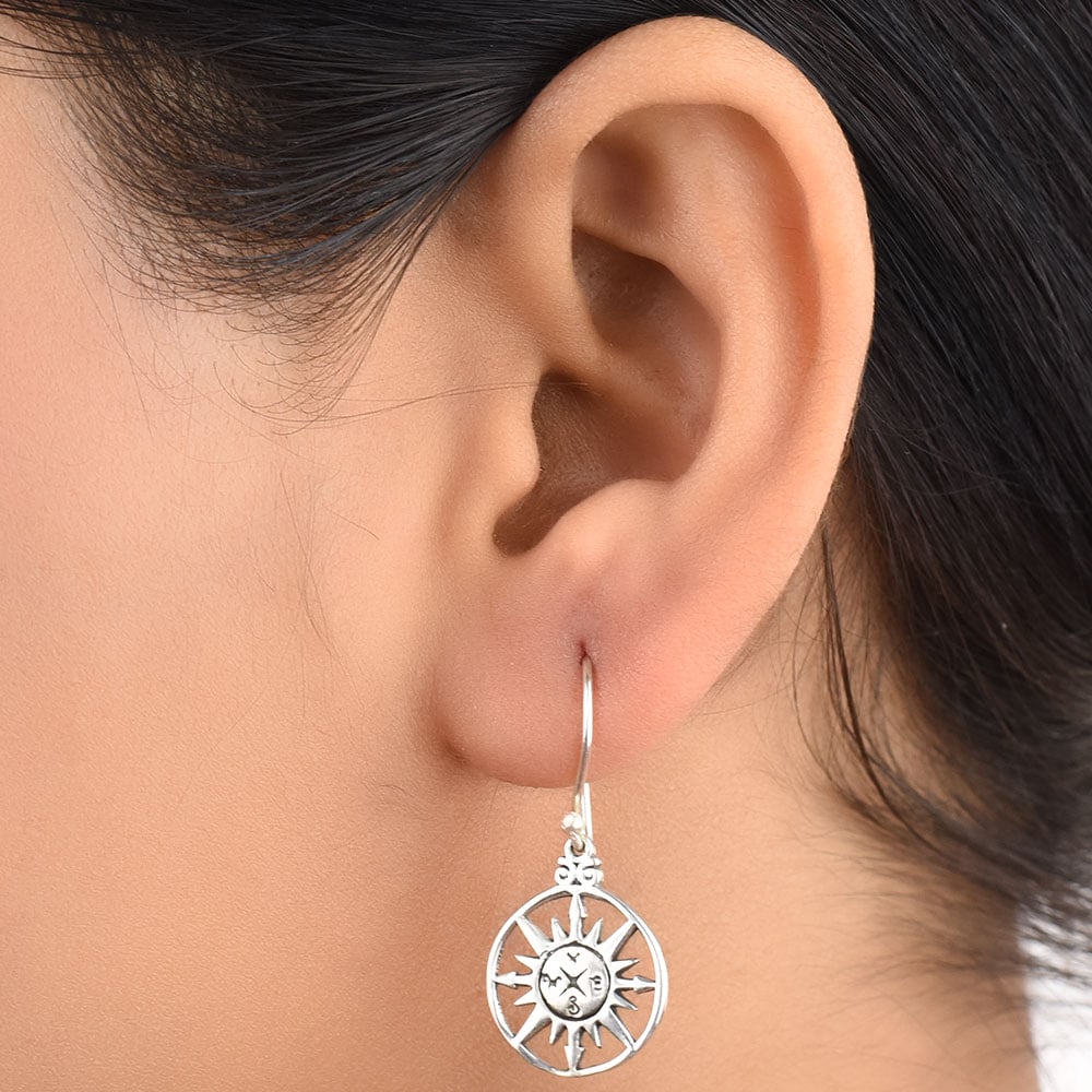 Front view of surya sun design symbols earrings in 92.5 Sterling Silver