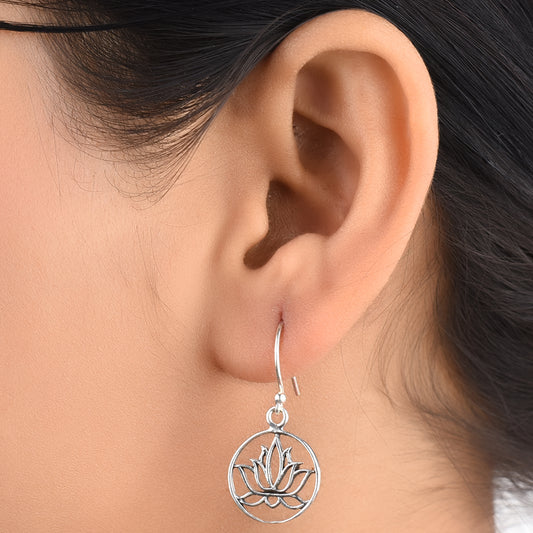 Front view of padma lotus dangle earrings in 92.5 Sterling Silver