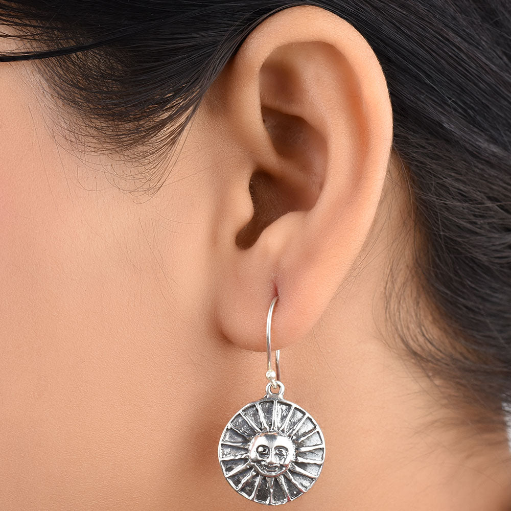 Front view of surya sun face earrings in 92.5 Sterling Silver